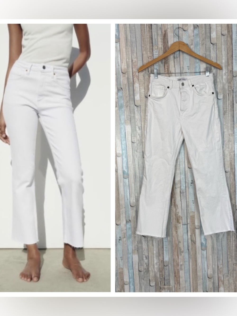 Zara 4 High Rise Straight Jeans White Wash Denim Raw Hem 100% Cotton Classic